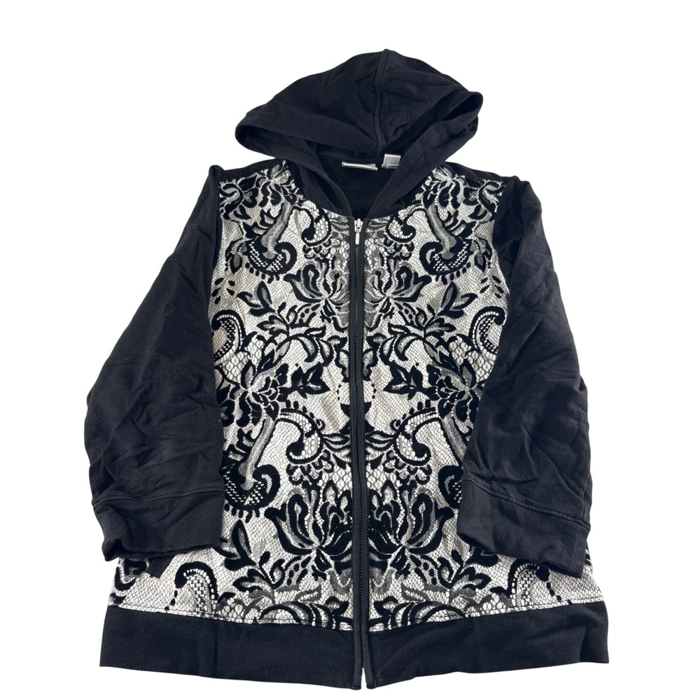 Zenergy by Chicos Black White Damask Lace Print Zip Up Hoodie Jacket Size 0 XS S